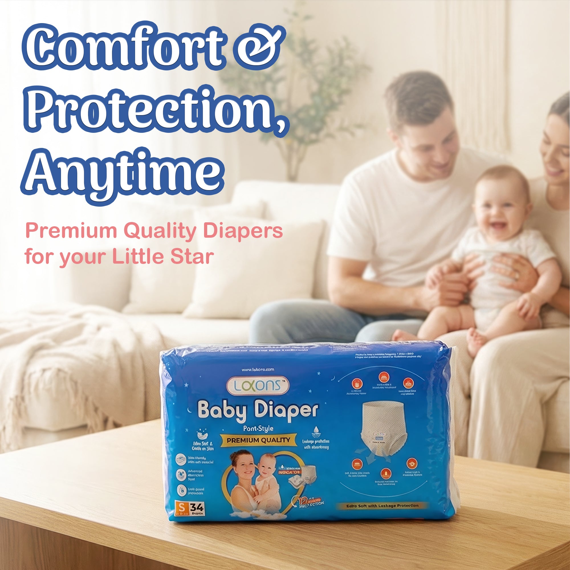 Locon's baby diaper package with a family in the background, emphasizing comfort and protection.
