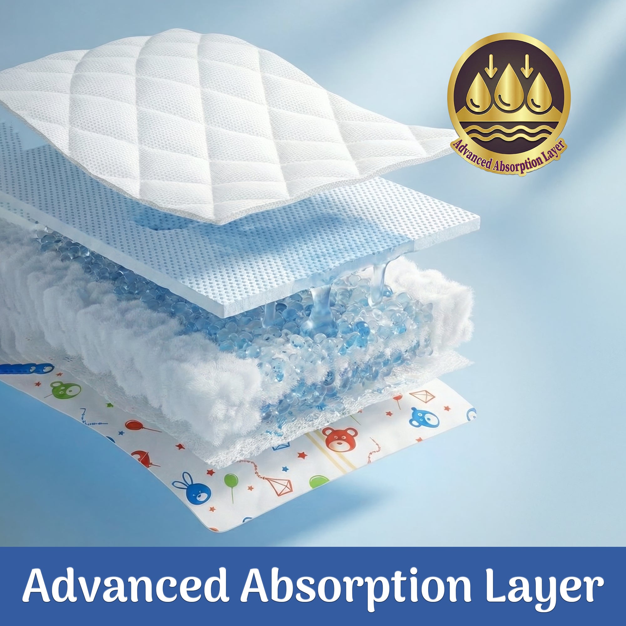 Cross-section of a Lakons baby diaper showing an advanced absorption layer with a blue background and brand logo.