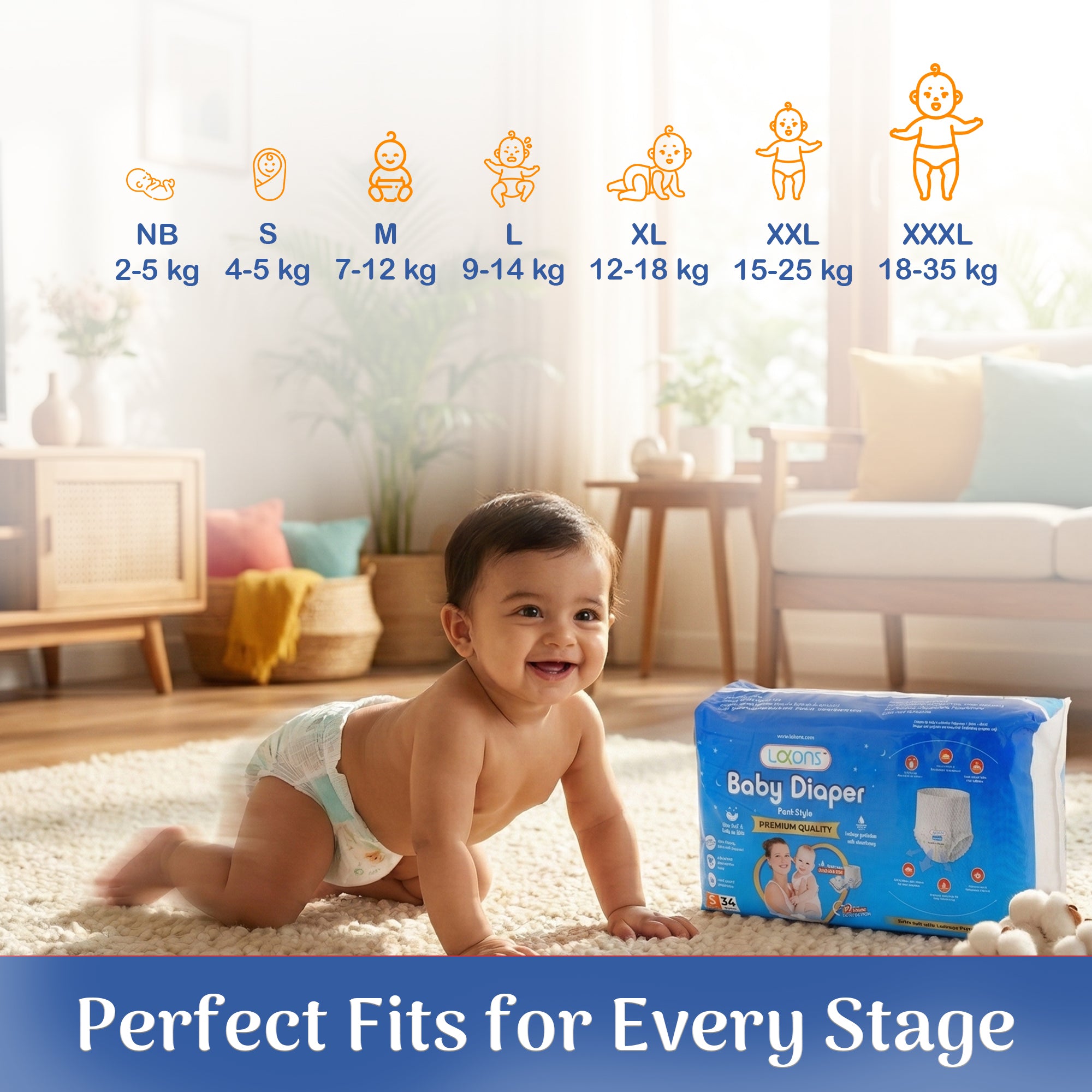 Baby crawling on a carpet with a package of Baby Diaper in the foreground, surrounded by size chart icons.