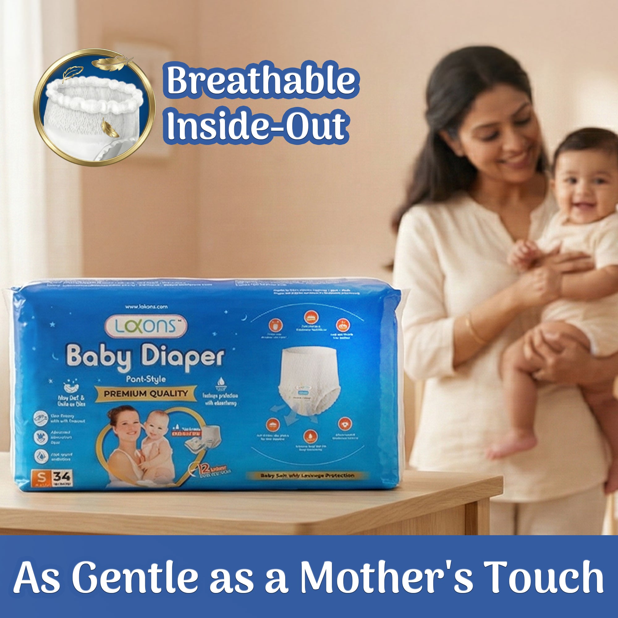 Loxons baby diaper package with a woman holding a baby, emphasizing comfort and quality.