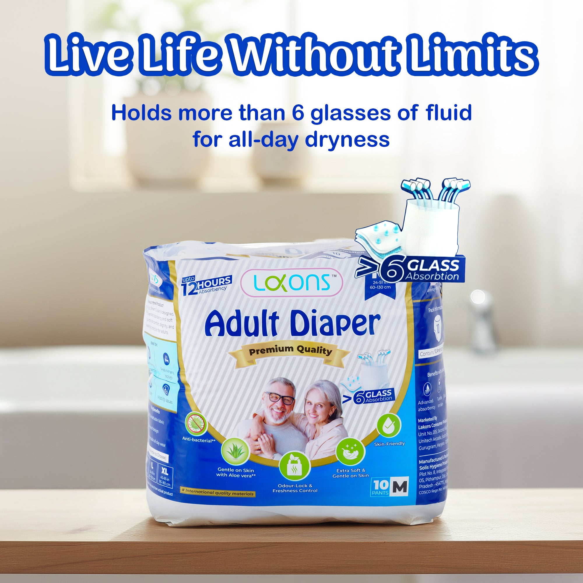 Lakons adult diaper package on a table with a blurred background