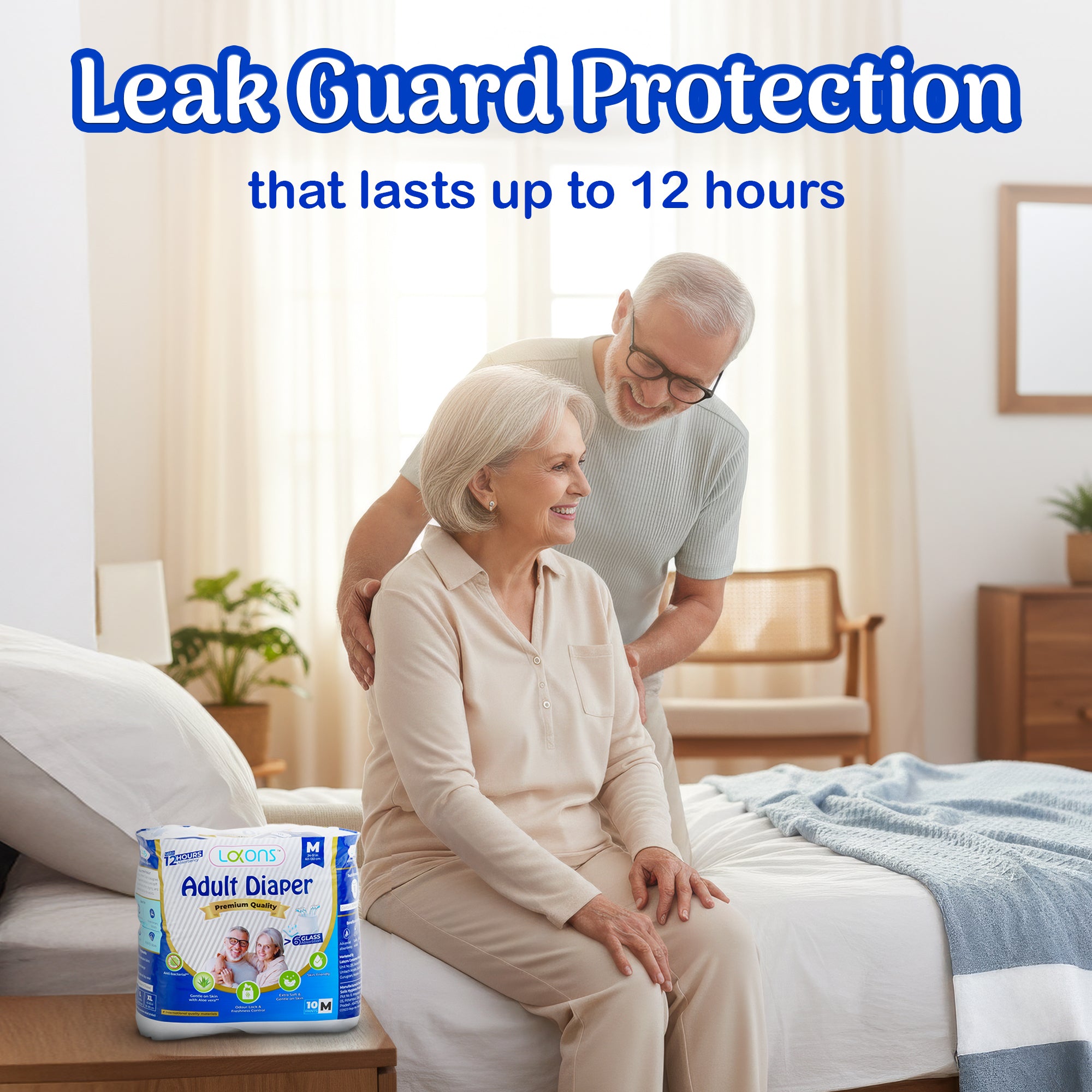Senior couple in a bedroom with a container of Adult Diaper, emphasizing leak guard protection.