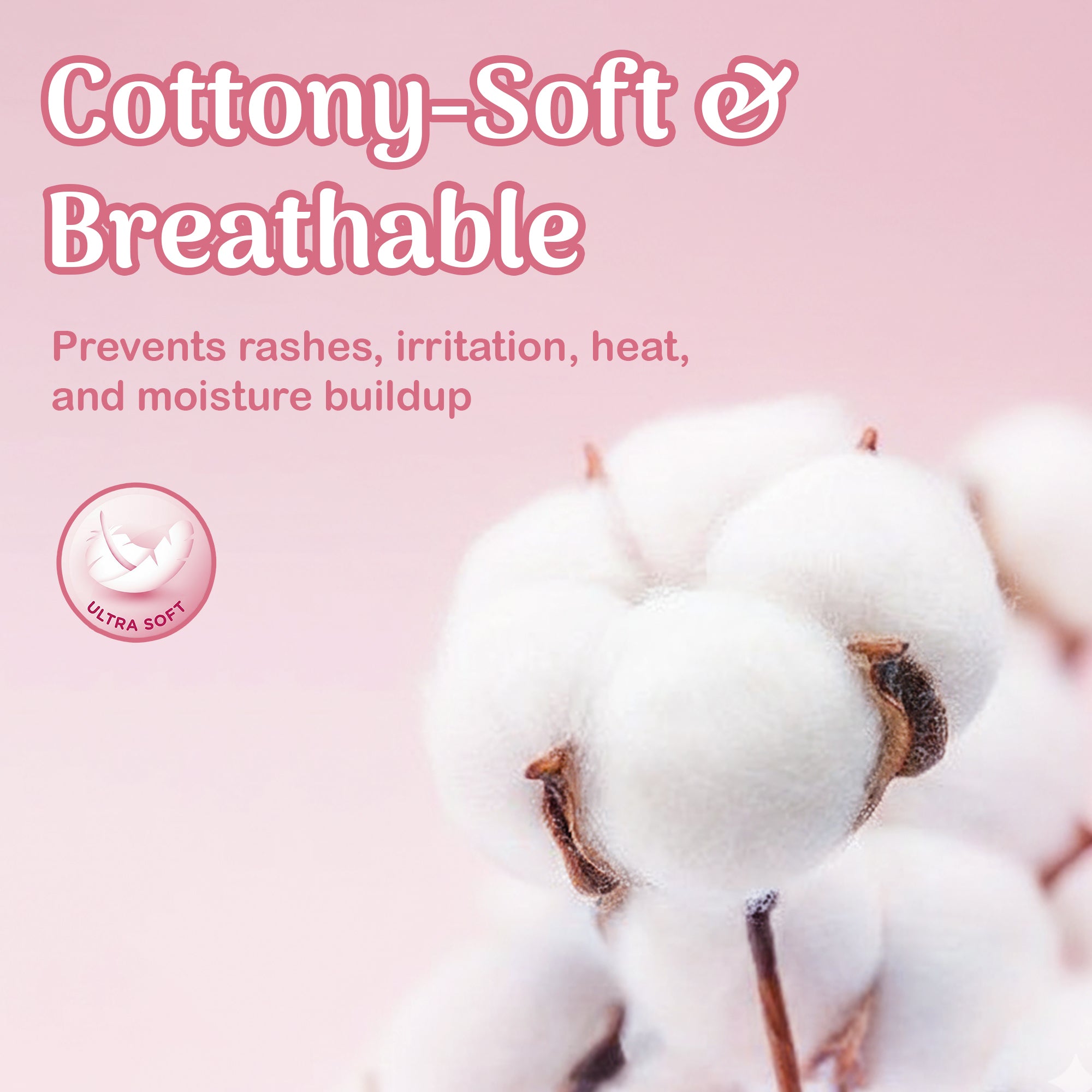 Cotton ball with text 'Cottony-Soft & Breathable' on a pink background