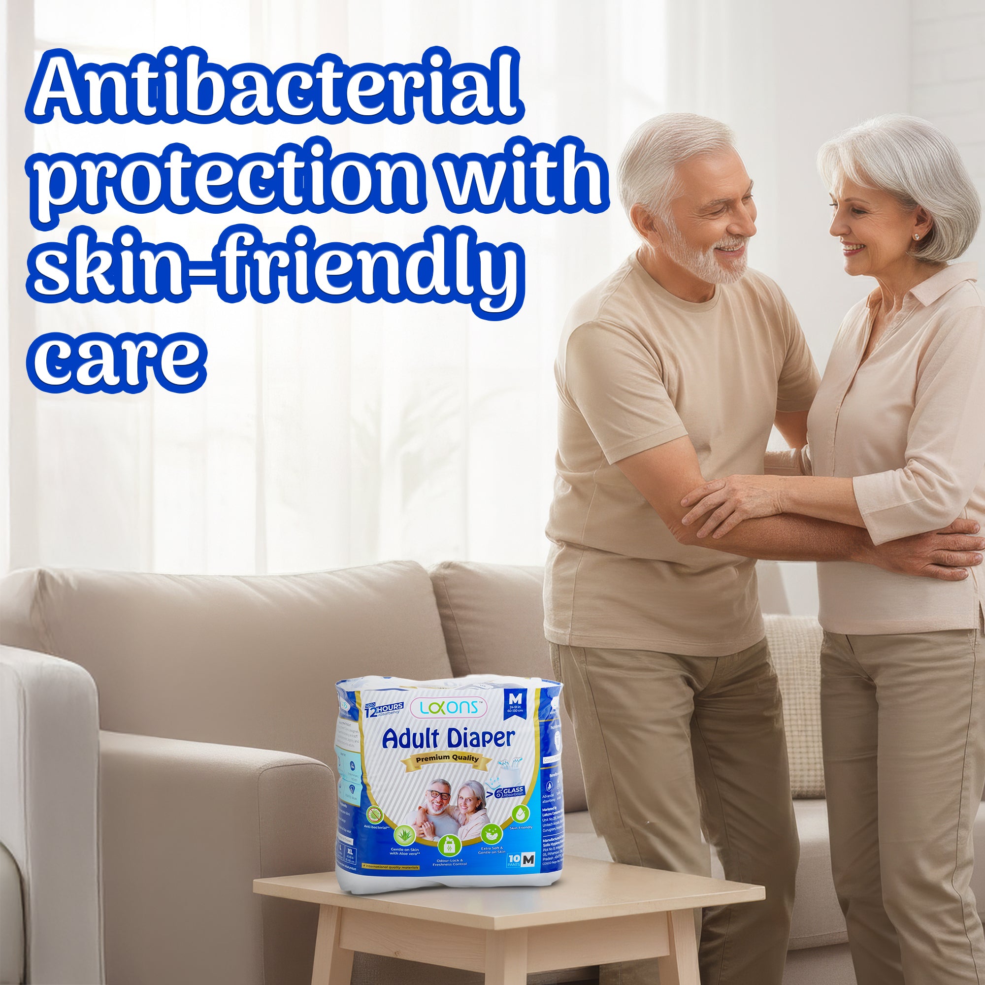 Senior couple embracing in a living room with a package of Adult Diaper on a table.