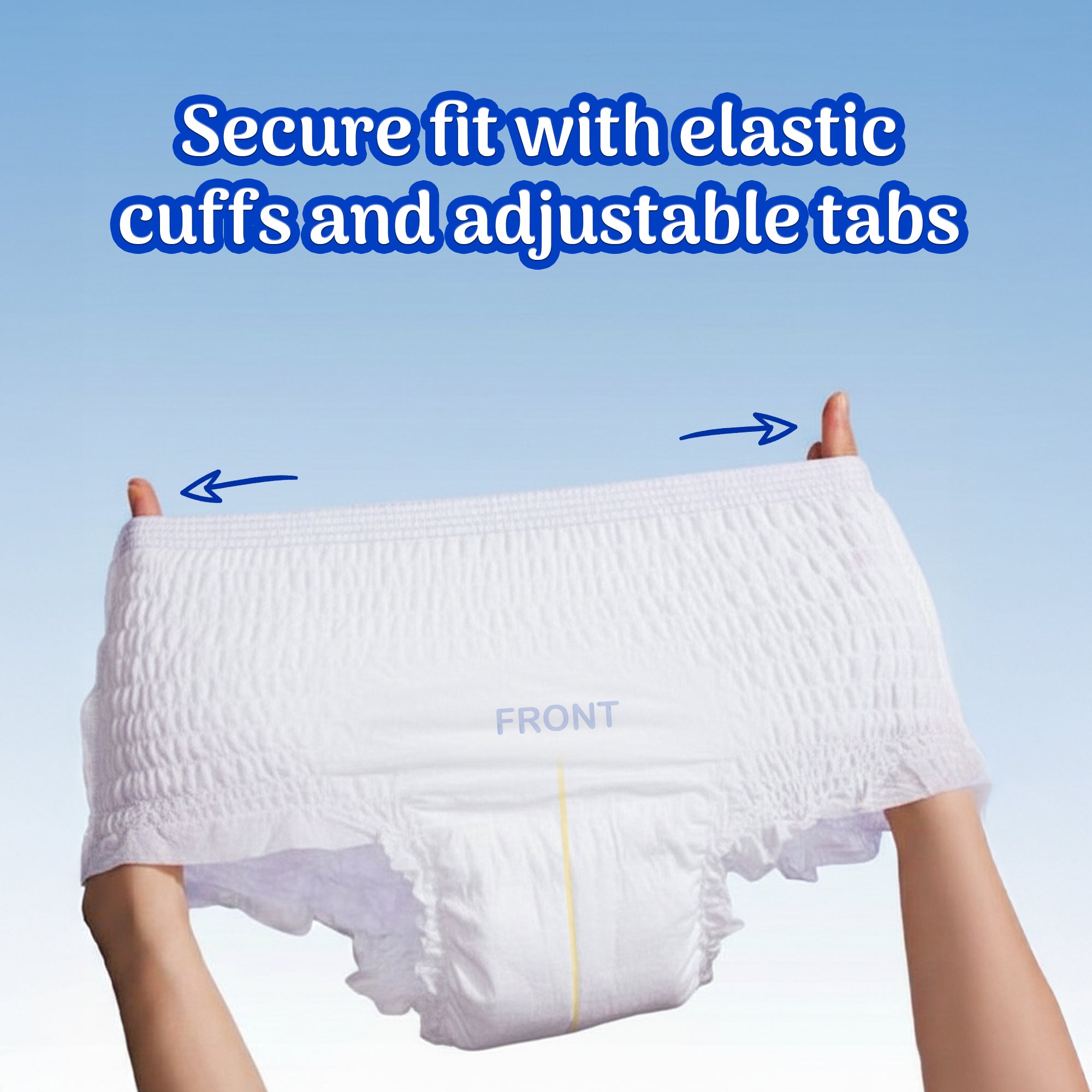 White diaper with fit and elasticity feature on a blue background