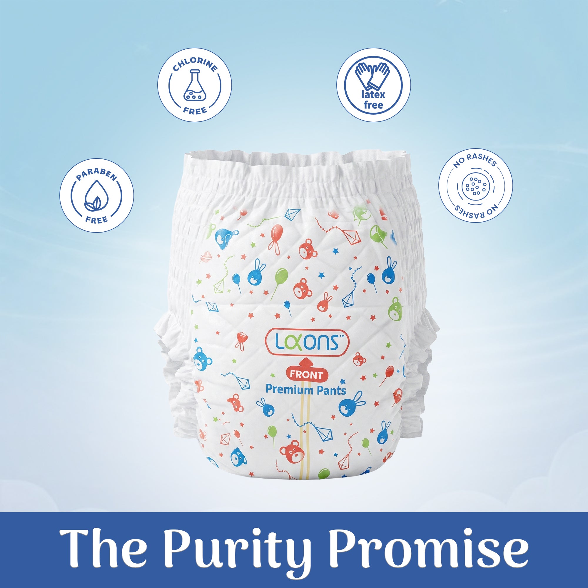 Lakons diaper with colorful designs on a blue background, featuring purity promise icons.