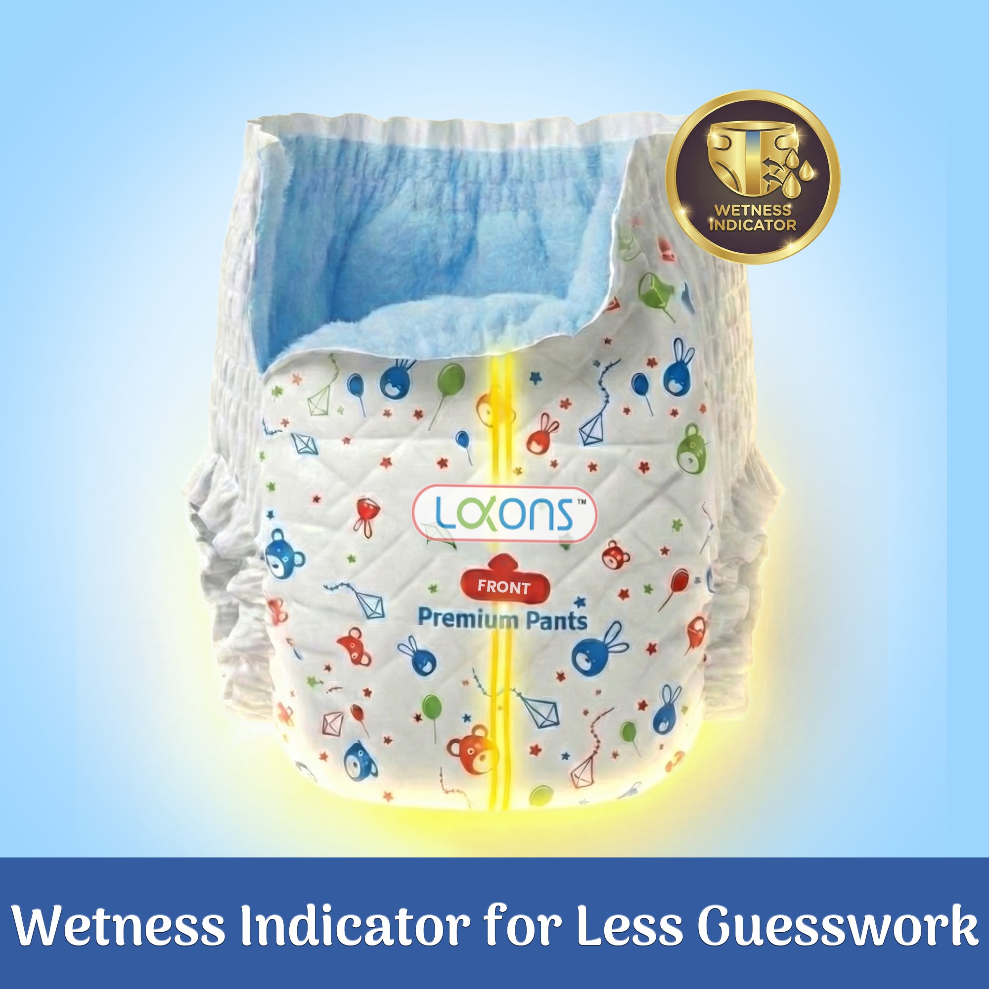 Loons diaper with wetness indicator on a blue background