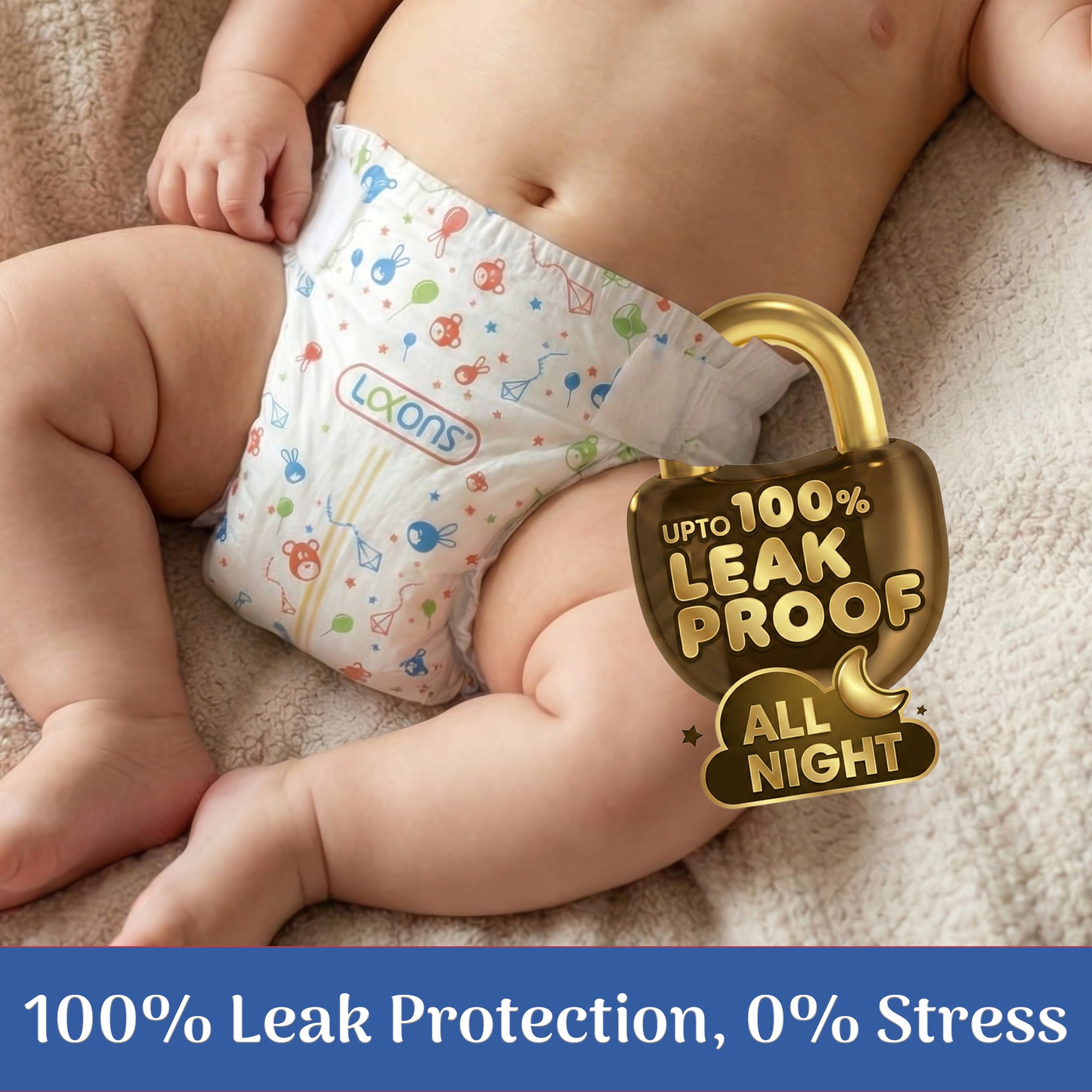 Baby wearing a diaper with a gold lock icon and text about leak proof protection.