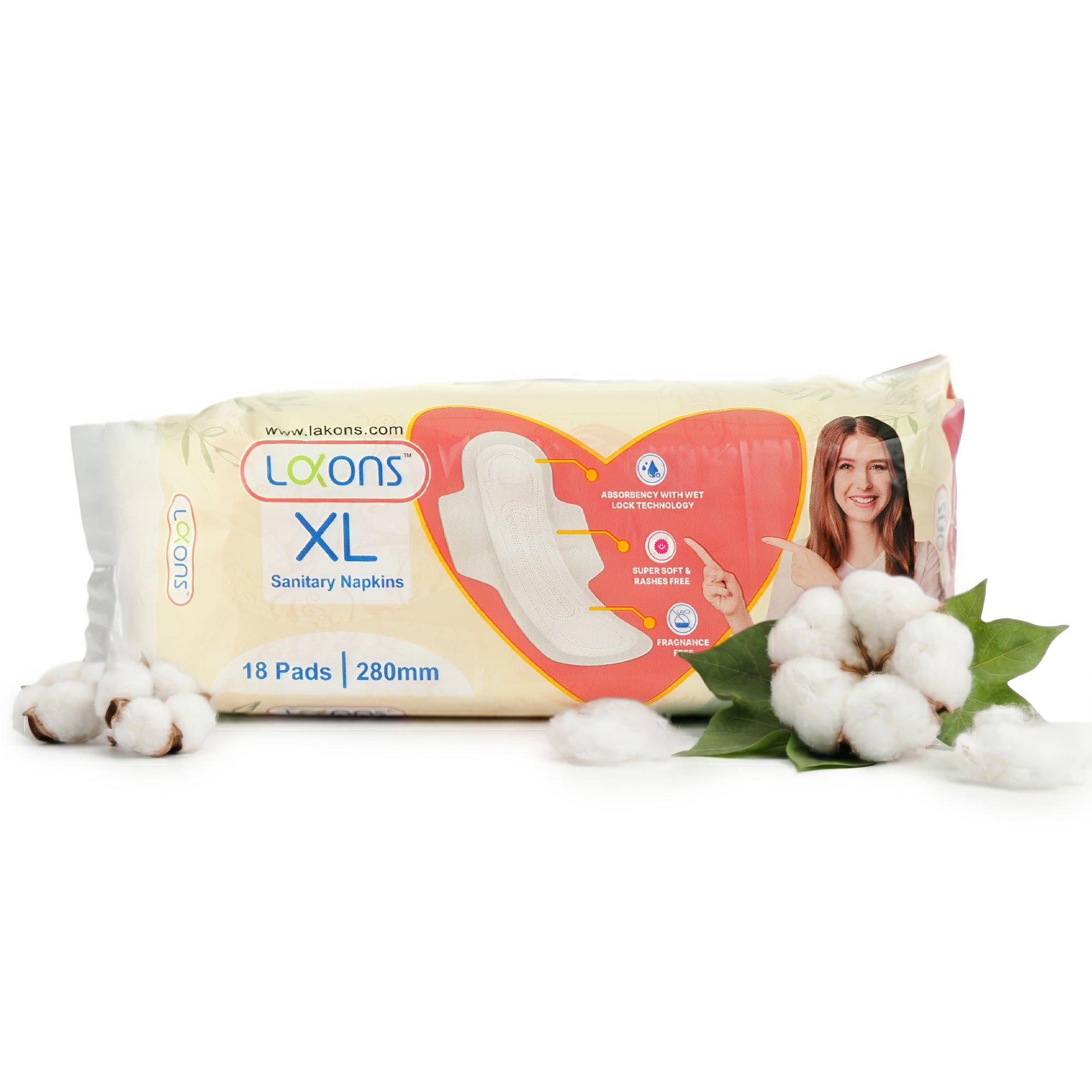 Lakons XL sanitary napkin package with cotton and a woman's face on a white background