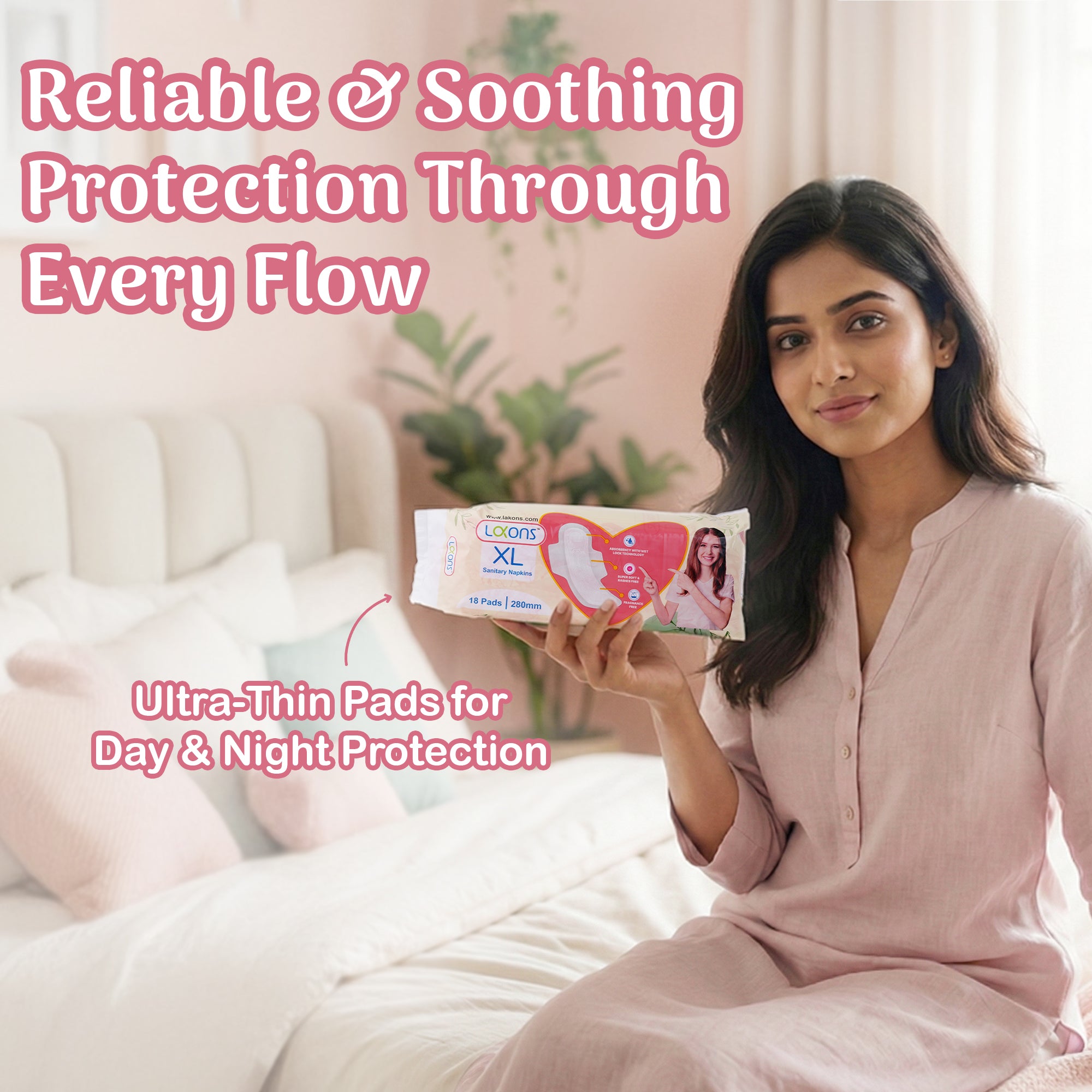 Woman holding a package of ultra-thin pads with text about Lakons Sanitary Napkin reliable and soothing protection.