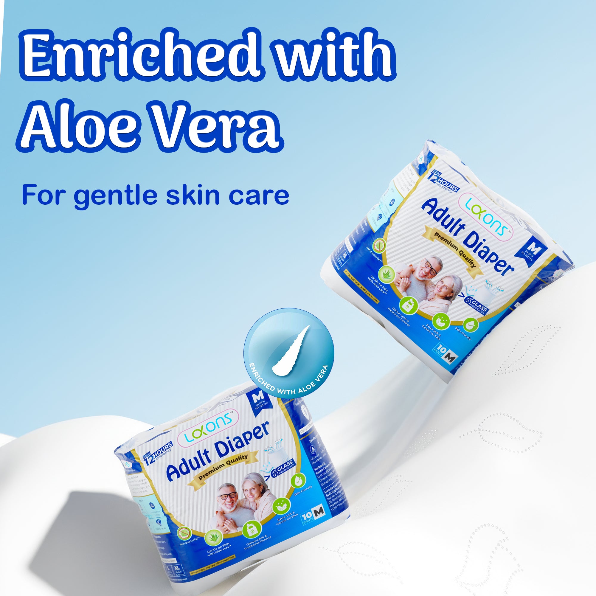 Two packages of adult diapers with aloe vera on a light blue background