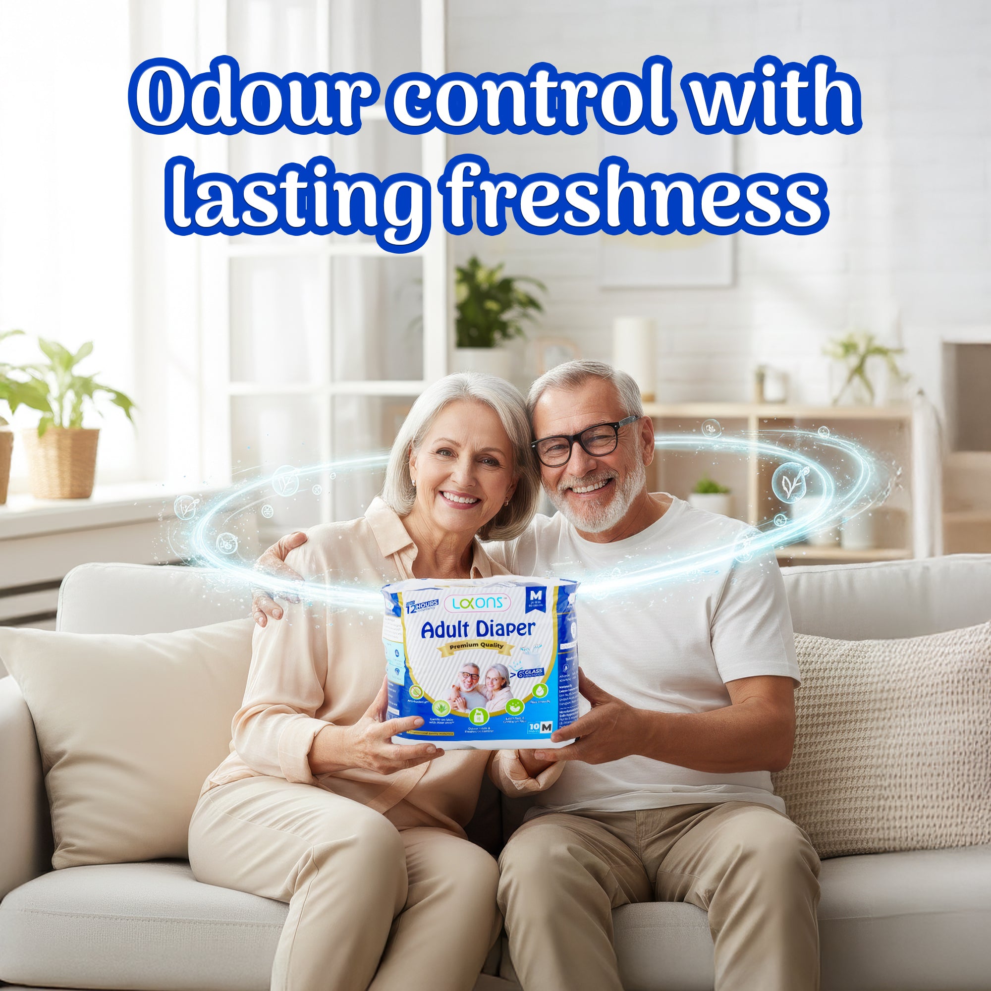 Man and woman holding a package of Adult Diapers with text 'Odour control with lasting freshness' in a living room setting.