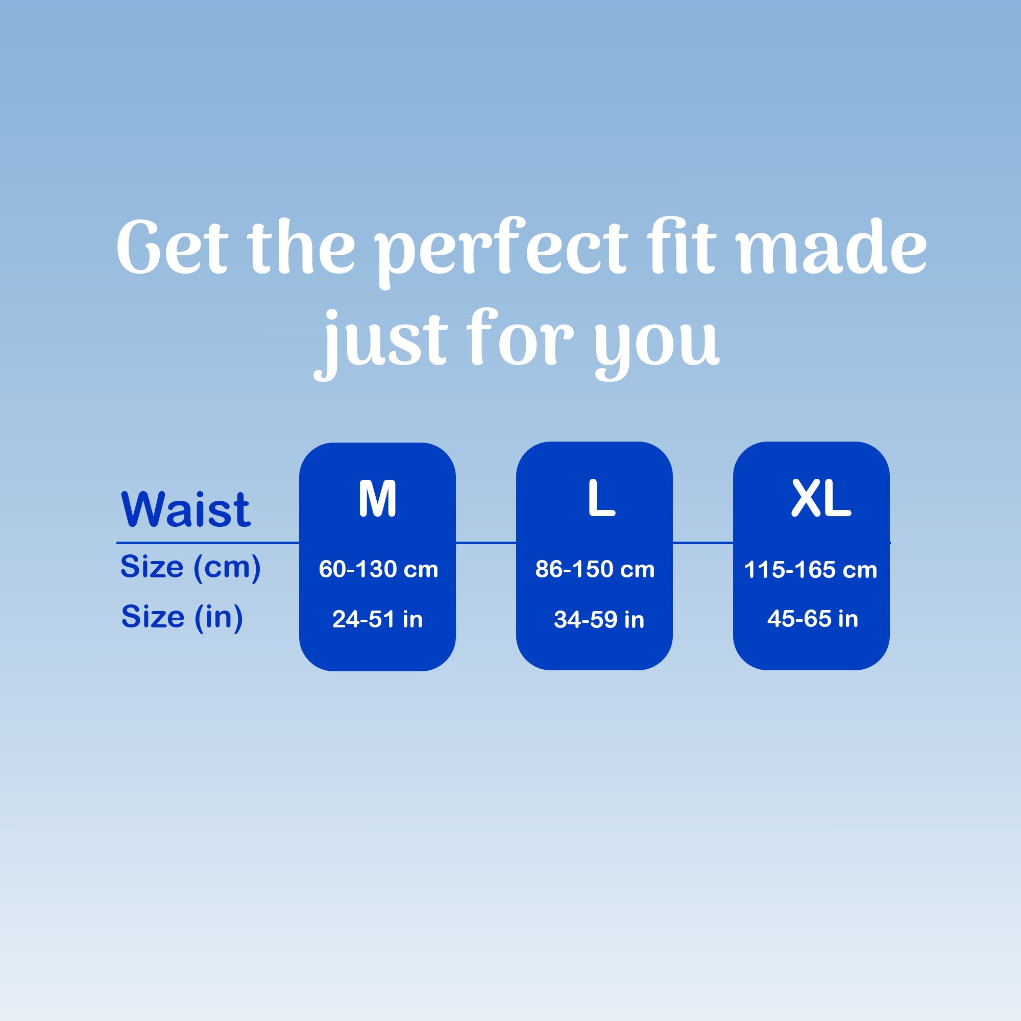 Lakons Adult Diaper Size chart for waist measurements on a blue background